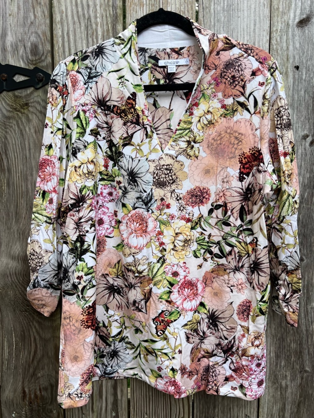 CHICOS Floral Butterfly 3/4 Sleeve Cotton Tan Women’s 2 Medium - Picture 2 of 10